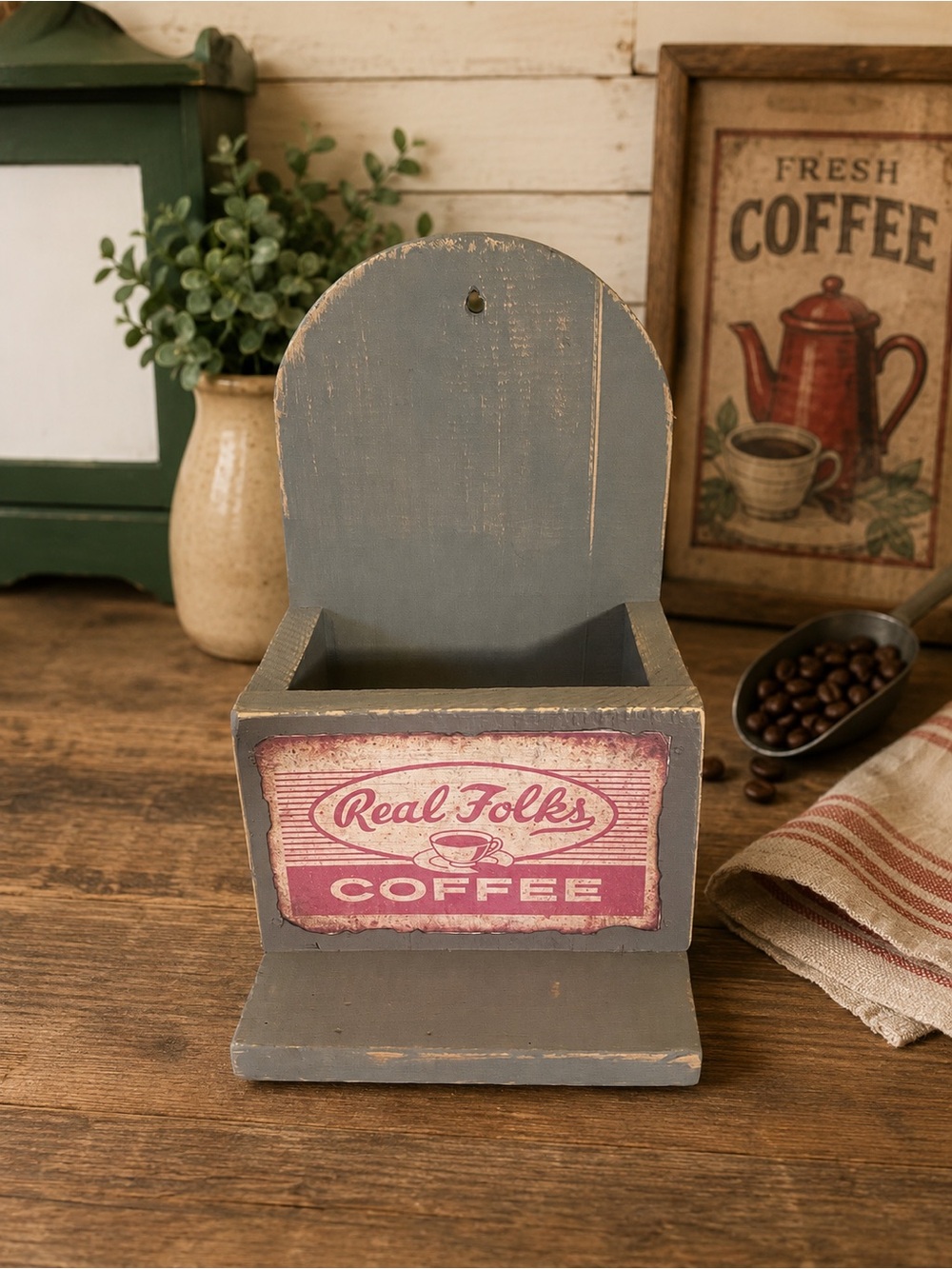 Rustic Gray Wooden Wall Pocket w/Real Folks Coffee Advertisement label.